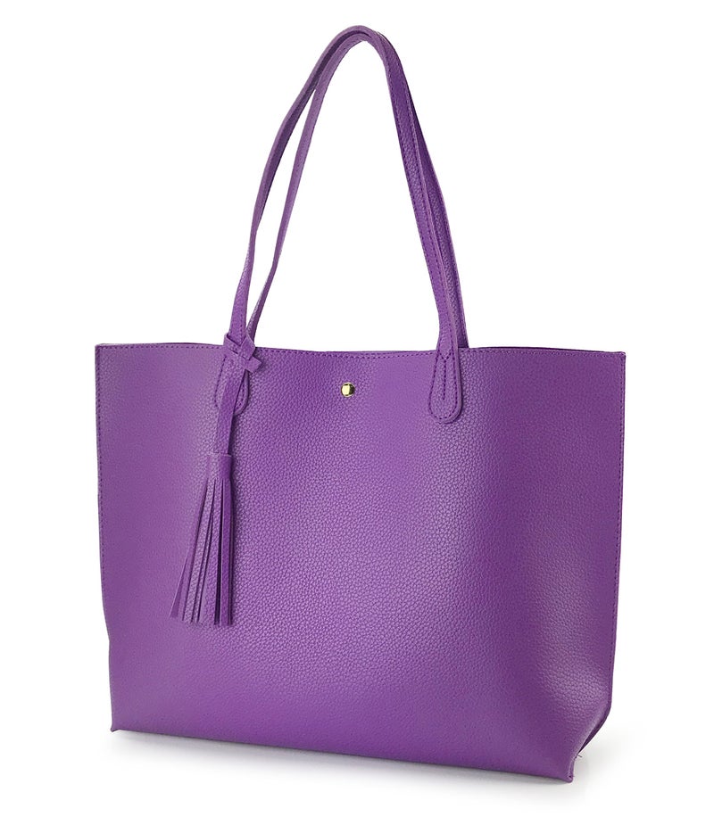 Hoxis Minimalist Clean Cut Pebbled Faux Leather Tote Womens Shoulder Handbag (Violet) Medium - Image 2